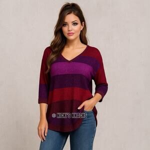 Express Metallic Striped Y2K V-Neck Dolman Sleeve Tunic Sweater Red Purple L